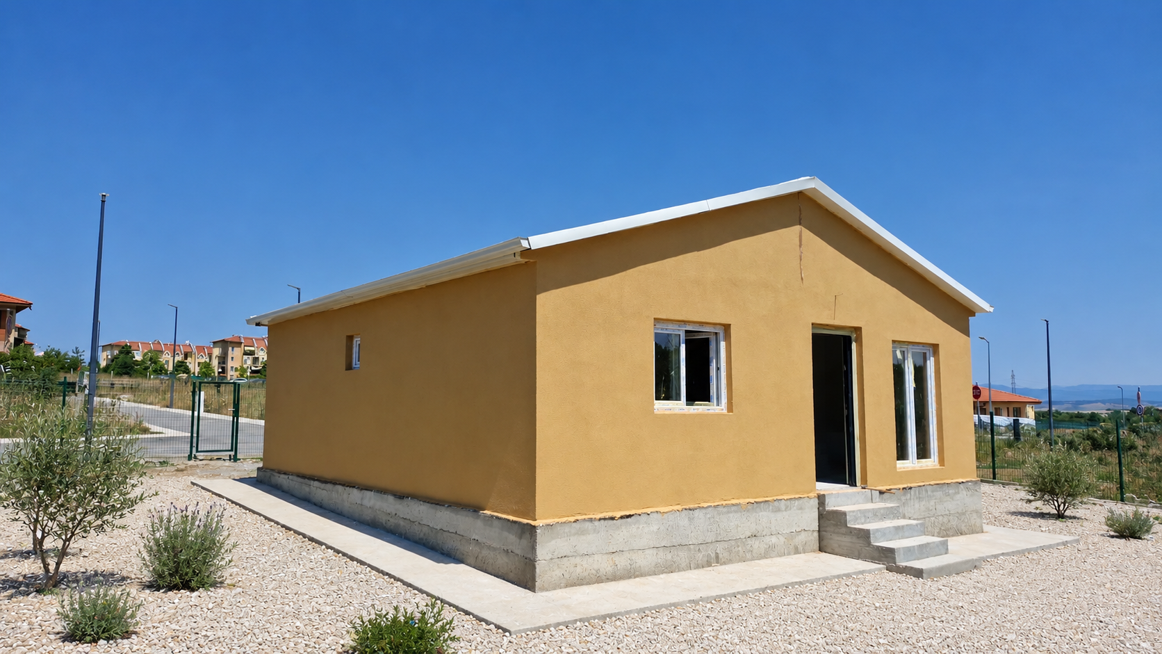 Vivienda prefabricada KoseDom con el entorno despejado mediante edición asistida por IA.