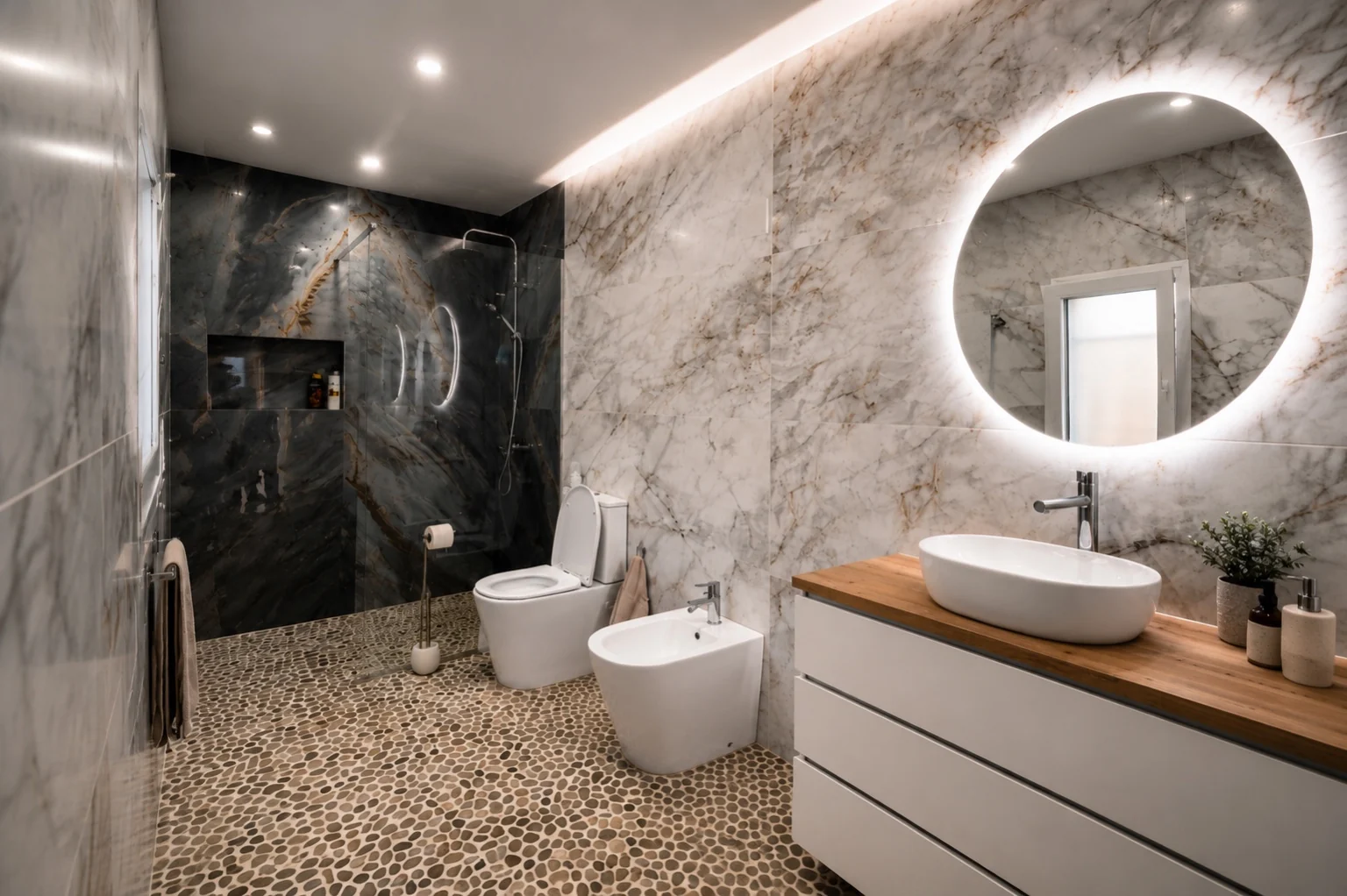 Baño con revestimiento veteado, lavabo sobre encimera de madera y ducha