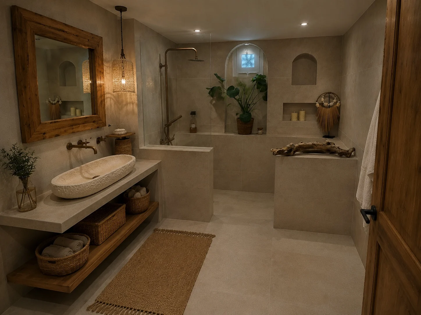 Baño de tonos naturales con lavabo de piedra, madera y ducha de obra