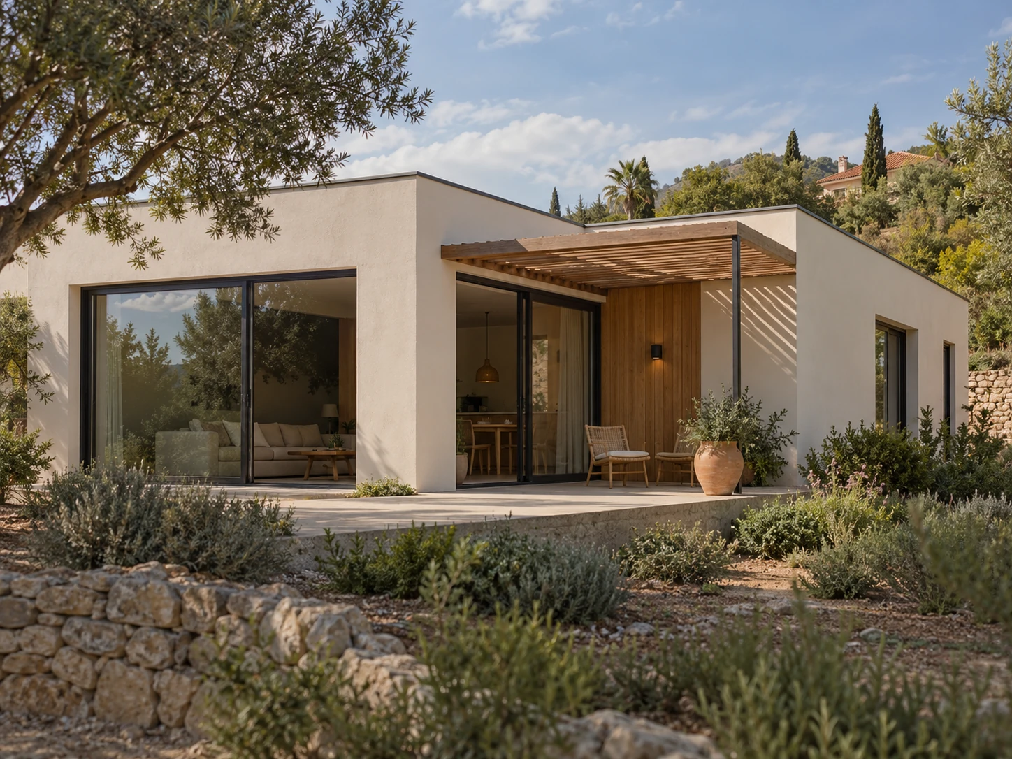 Propuesta ilustrativa de vivienda modular en una parcela mediterránea