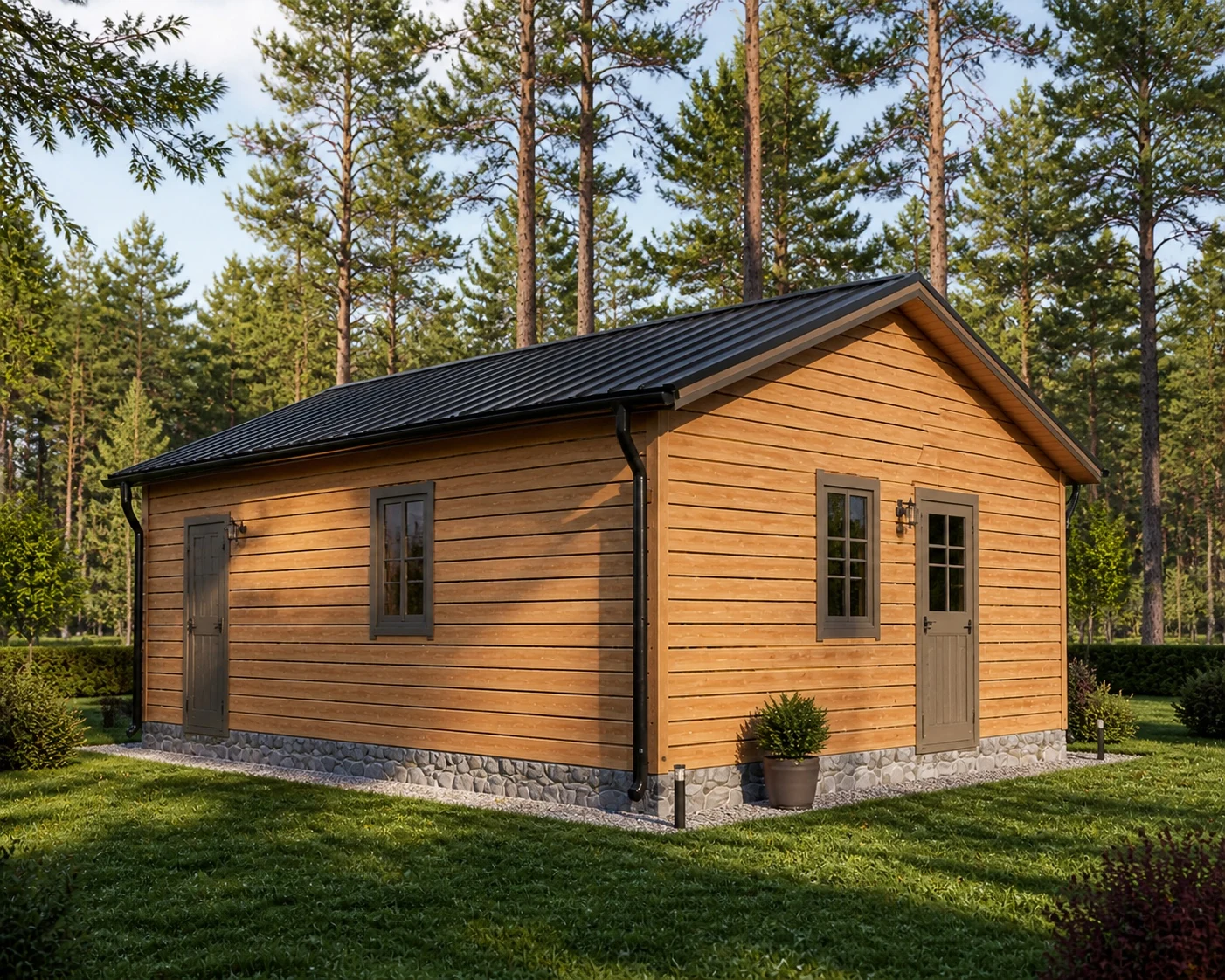 Vivienda de madera con cubierta a dos aguas