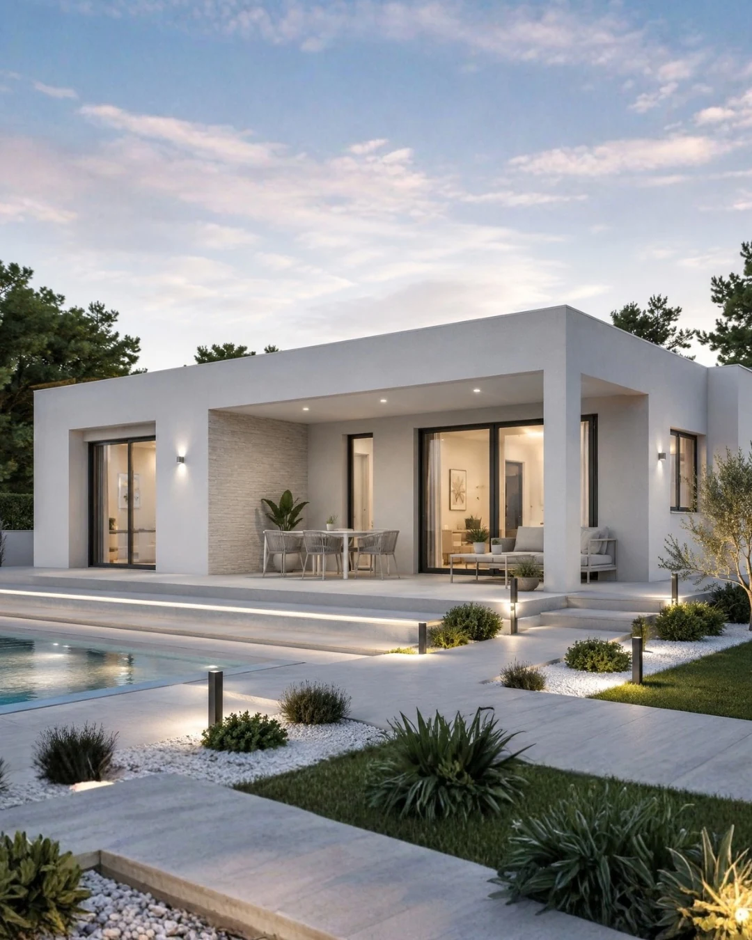 Vivienda de una planta con terraza y piscina