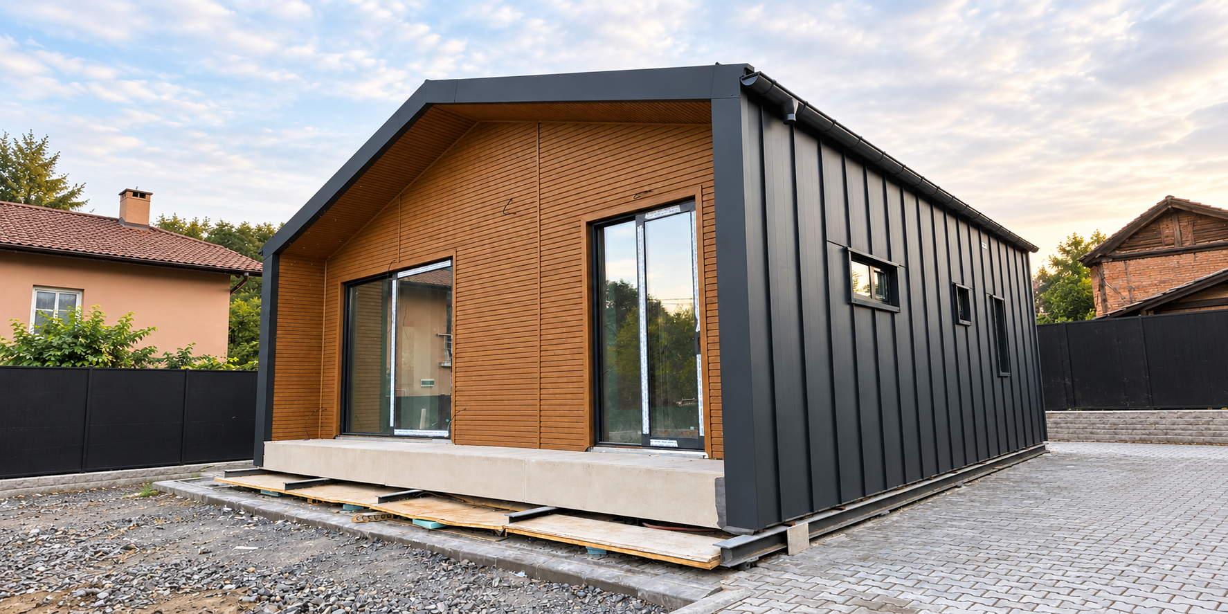 Vivienda modular Kosedom con fachada de madera y metal y cubierta completa.