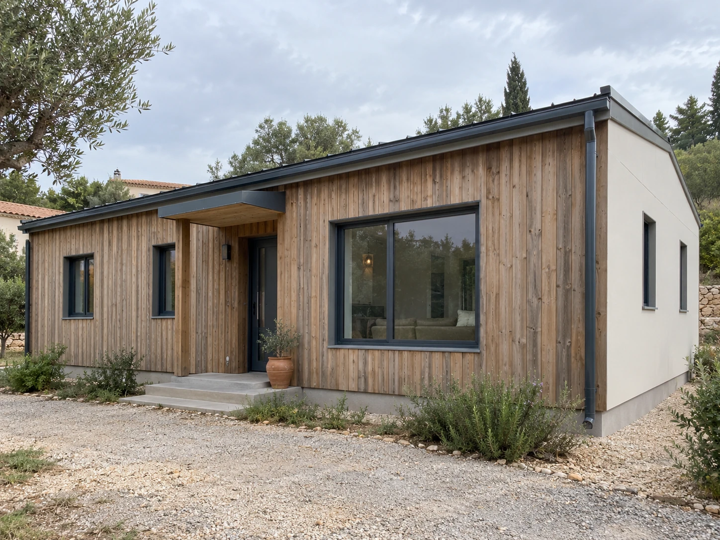 Propuesta ilustrativa de vivienda modular con fachada de madera.